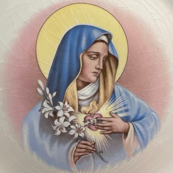 Mother Mary Sacred Heart Decorative Plate Warranted 22k Gold trim. - Picture 5 of 6